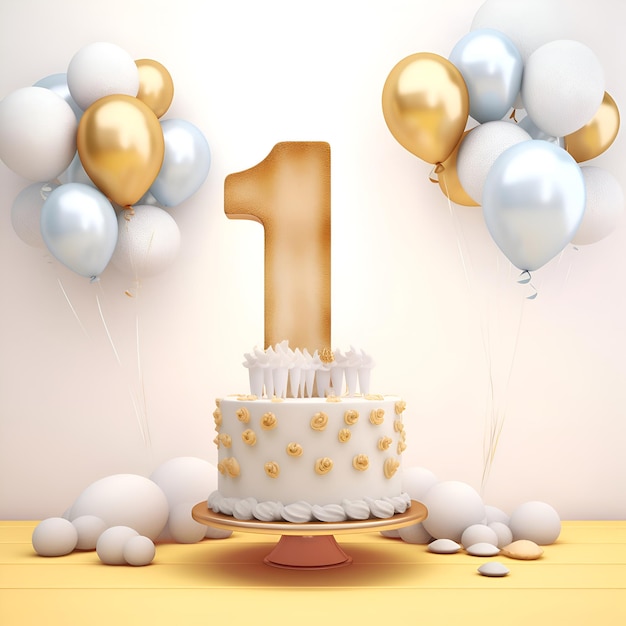 Foto gratuita primer pastel de cumpleaños con el número uno y globos 3d render