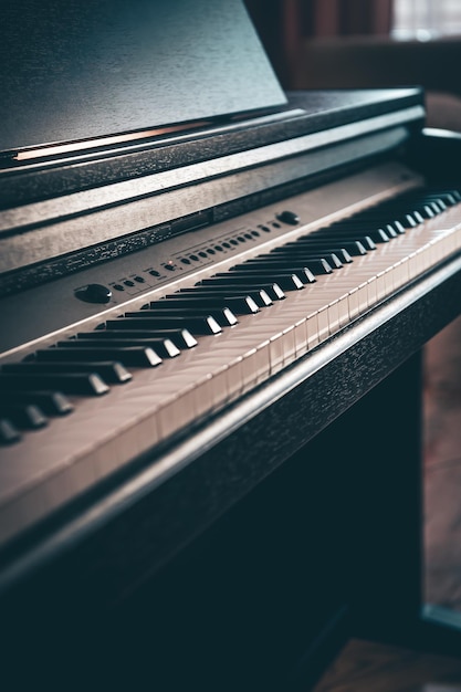 Primer piano electrónico en un cuarto oscuro