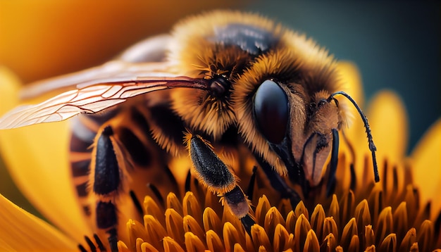 Primer plano de una abeja de miel amarilla que poliniza la IA generativa de flores