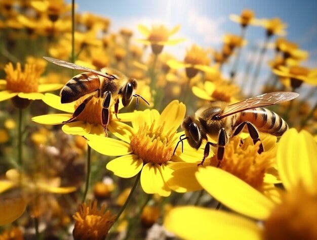 Primer plano de las abejas recogiendo néctar