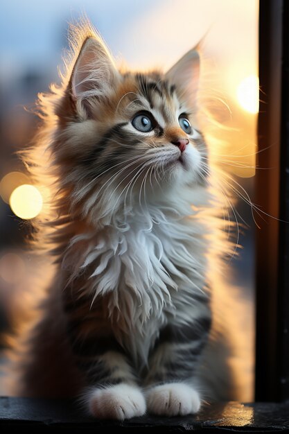 Primer plano de un adorable gatito mirando hacia arriba