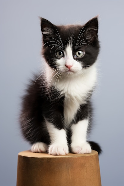 Foto gratuita primer plano de un adorable gatito en un taburete