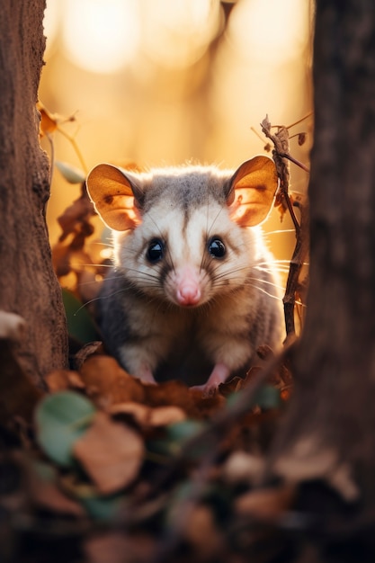 Primer plano de una adorable zarigüeya en el bosque