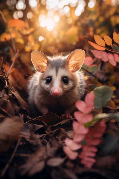 Foto gratuita primer plano de una adorable zarigüeya cerca de las flores