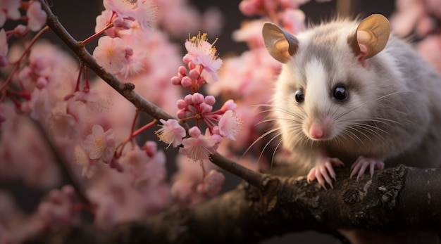 Foto gratuita primer plano de una adorable zarigüeya cerca de las flores