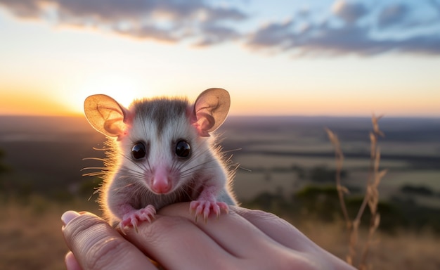 Foto gratuita primer plano de una adorable zarigüeya sostenida en la mano