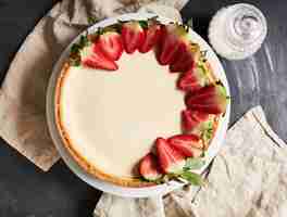 Foto gratuita primer plano aéreo de una tarta de queso con fresas en una placa blanca.