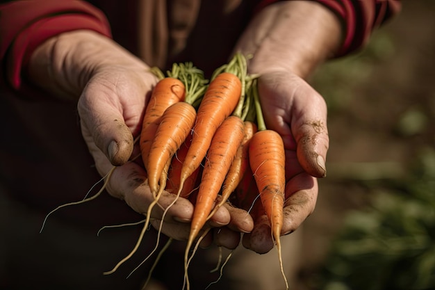 Primer plano agricultor sosteniendo en su mano algunas zanahorias recién recogidas del suelo Ai generativo