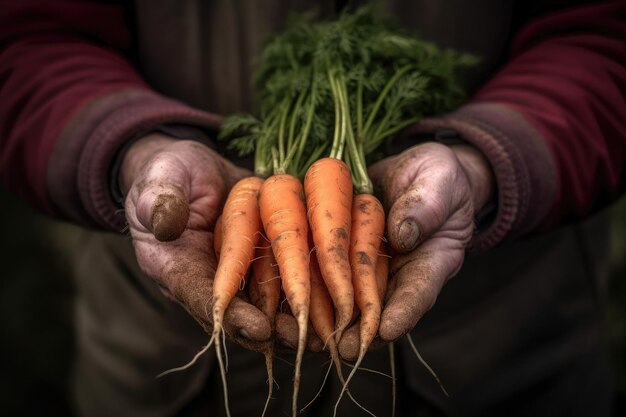 Primer plano agricultor sosteniendo en su mano algunas zanahorias recién recogidas del suelo Ai generativo