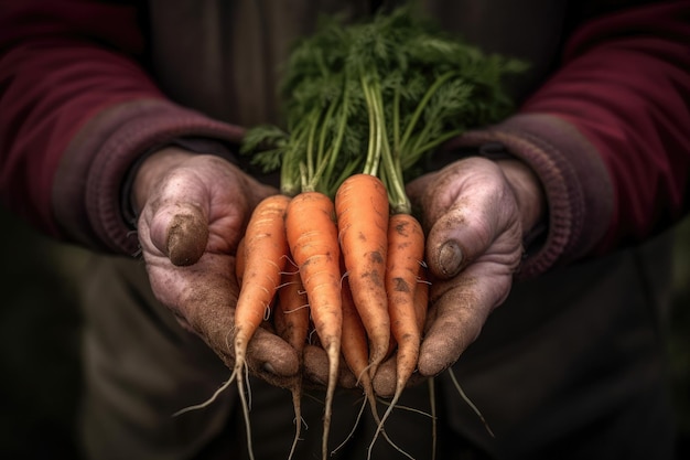 Primer plano agricultor sosteniendo en su mano algunas zanahorias recién recogidas del suelo Ai generativo