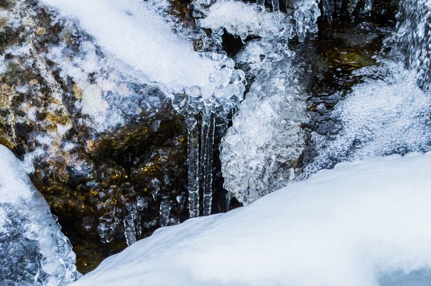 Primer plano de agua corriente con una roca congelada durante el invierno