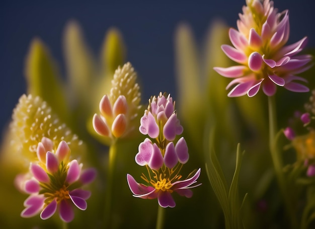 Foto gratuita un primer plano de algunas flores con un fondo azul.