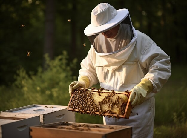 Primer plano del apicultor recogiendo miel