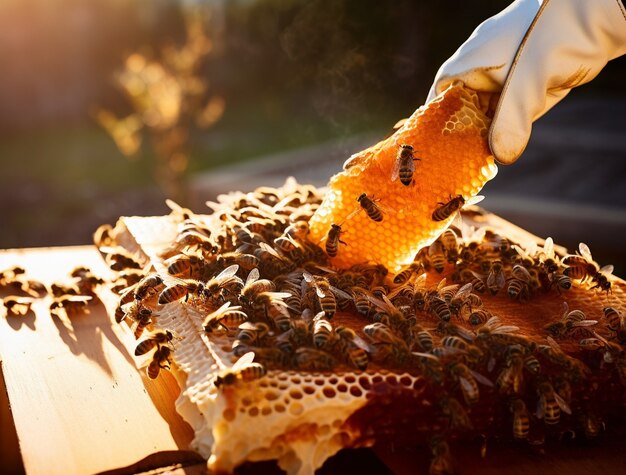 Primer plano del apicultor recogiendo miel