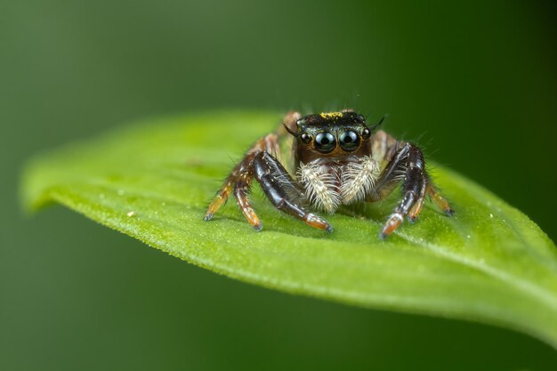 Primer plano de una araña en la hoja verde