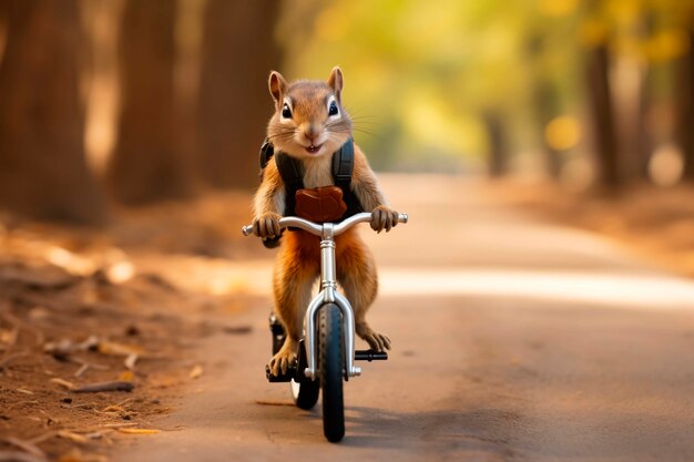 Un primer plano de una ardilla en bicicleta