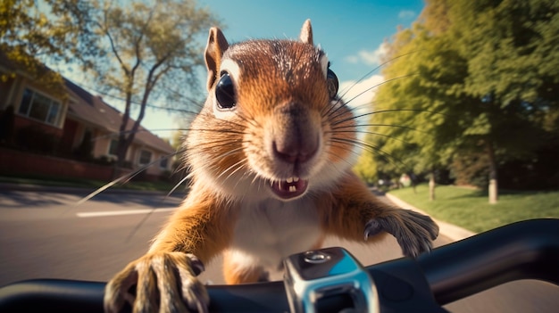 Un primer plano de una ardilla en bicicleta
