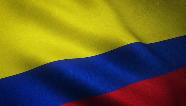 Primer plano de una bandera ondeante de Colombia con texturas grungy