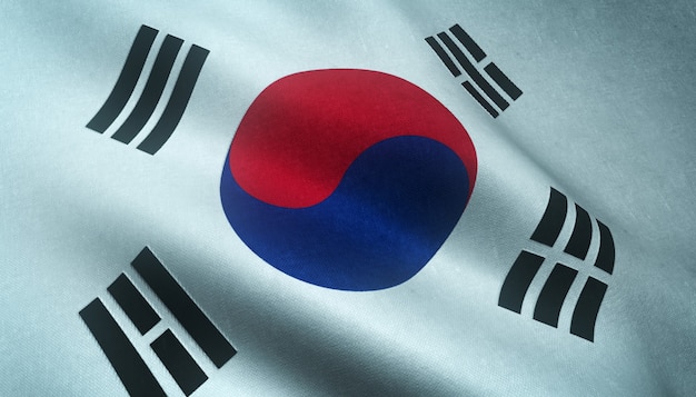 Primer plano de la bandera ondeante de Corea del Sur