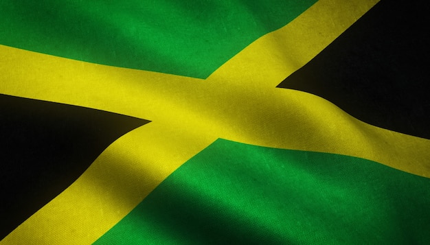 Primer plano de la bandera ondeante de Jamaica con texturas interesantes