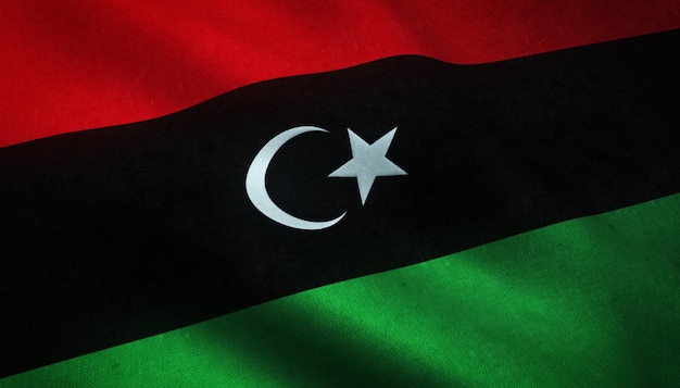 Primer plano de la bandera ondeante de Libia con texturas interesantes