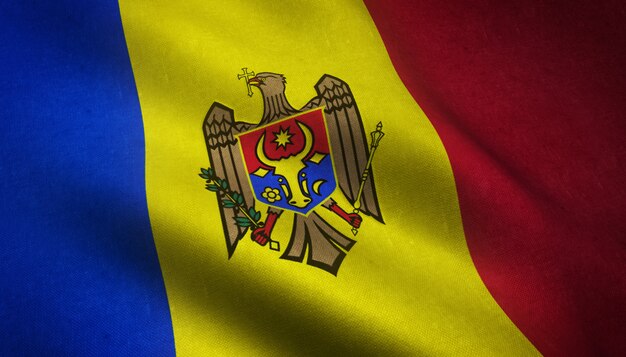Primer plano de la bandera ondeante de Moldavia con texturas interesantes