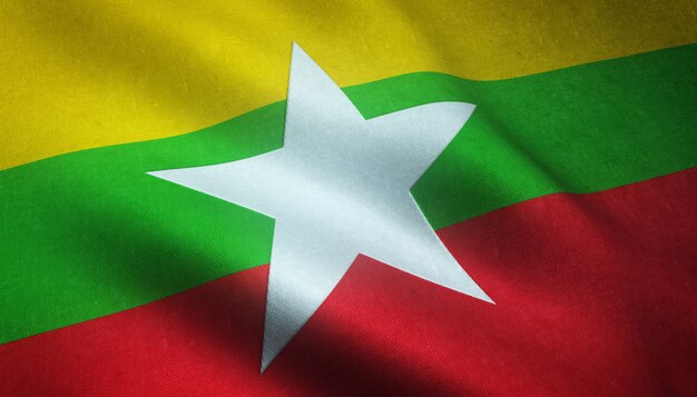 Primer plano de la bandera ondeante de Myanmar con texturas interesantes