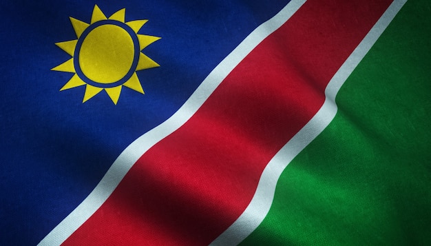 Primer plano de la bandera ondeante de Namibia con texturas interesantes