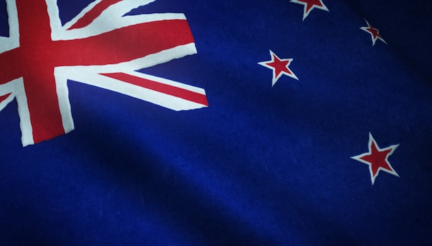 Primer plano de la bandera ondeante de Nueva Zelanda con texturas interesantes