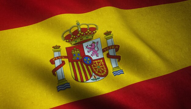 Primer plano de la bandera ondeante realista de España