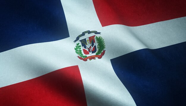 Primer plano de la bandera ondeante de República Dominicana con texturas interesantes