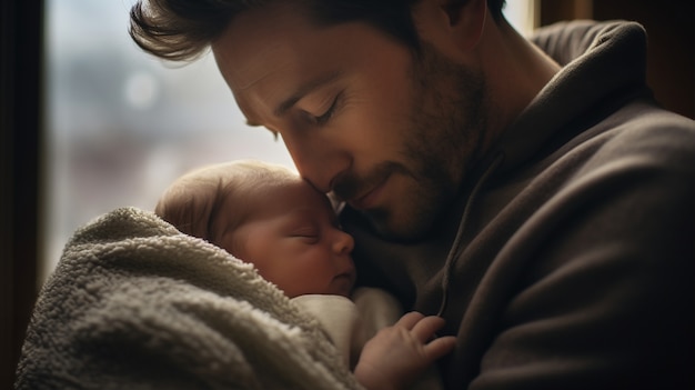 Foto gratuita un primer plano del bebé recién nacido con su padre