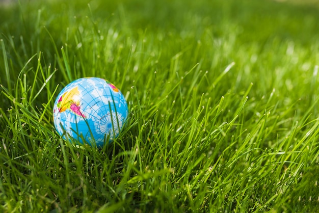 Primer plano de la bola del globo en la hierba verde