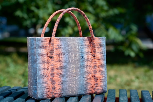 Primer plano del bolso de mujer de moda con imitación de piel de serpiente se encuentra en el banco del parque azul. Se confeccionó una bolsa en colores azul, rosa y gris. También tiene asas cómodas.