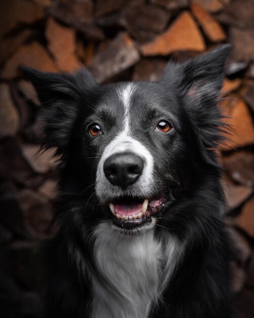 Primer plano de un Border Collie sobre un fondo de pared de madera