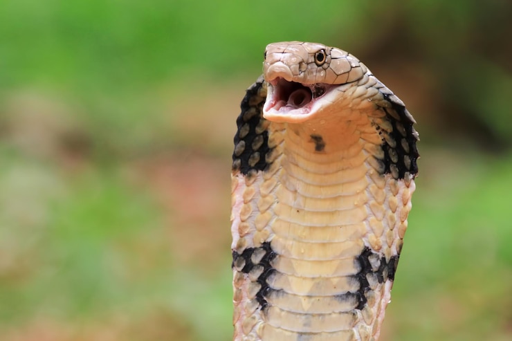 Foto gratuito primer plano de la cabeza de la cobra rey serpiente del cobra rey primer plano de la cara del reptil primer plano con fondo natural