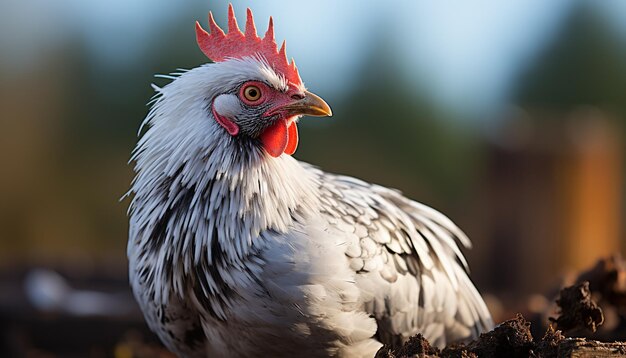 Foto gratuita primer plano de una cabeza emplumada vibrante de un gallo en el prado generado por inteligencia artificial