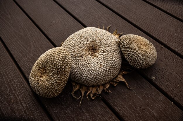 Primer plano de cabezas secas de girasol con semillas maduras sobre una superficie de madera