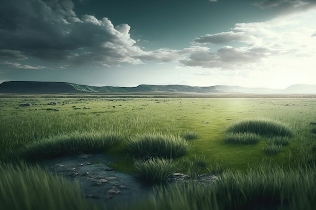 Primer plano de campo de naturaleza de hierba verde frente a pequeñas colinas Fondo de hierba de primavera natural en el tiempo de la mañana Cielo de paisaje con nubes y luz solar