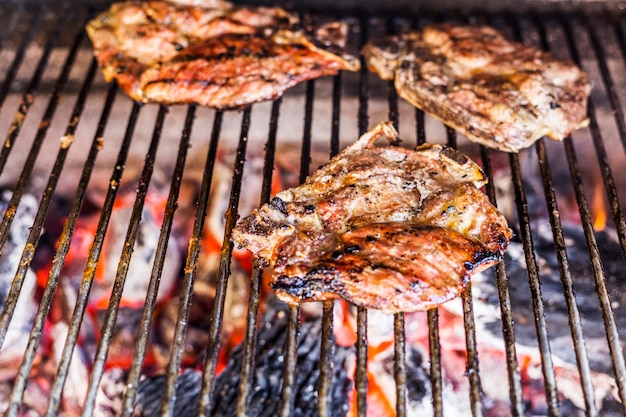 Primer plano de carne a la parrilla en la parrilla de la barbacoa