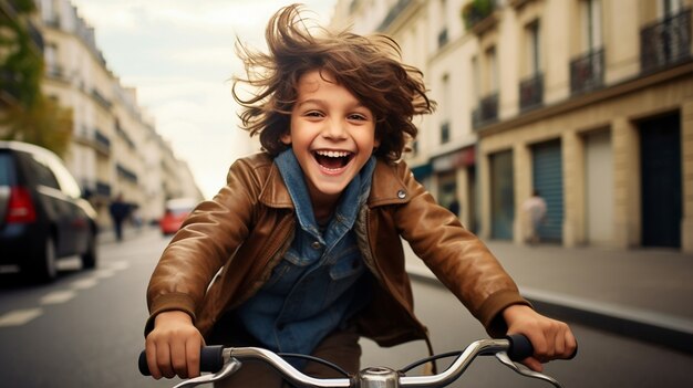 Un primer plano en el chico montando la bicicleta