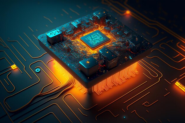 Primer plano del ciberespacio del circuito con luces de neón