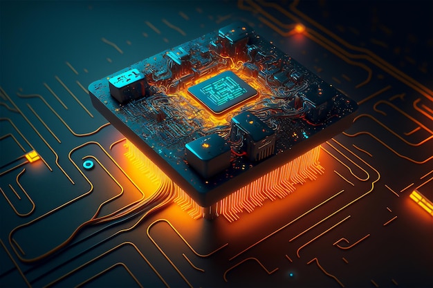 Primer plano del ciberespacio del circuito con luces de neón