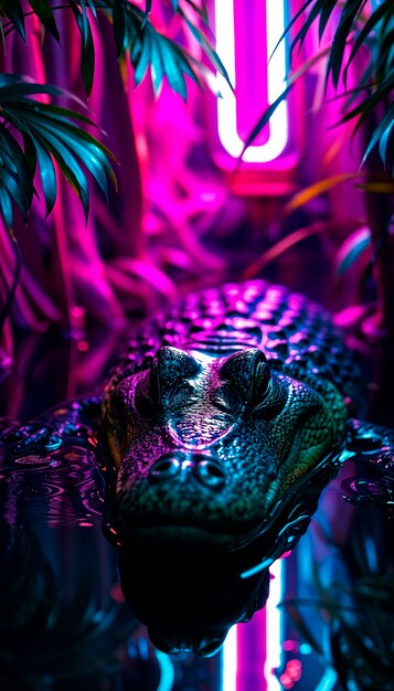Un primer plano de un cocodrilo bajo la luz del neón