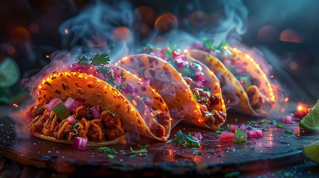 Foto gratuita un primer plano de la comida callejera a la luz del neón