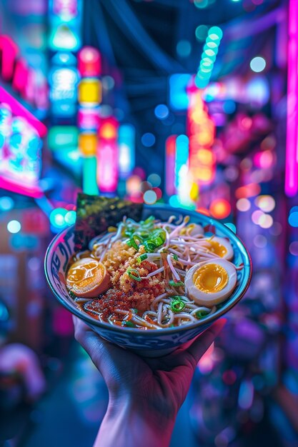 Un primer plano de la comida callejera a la luz del neón
