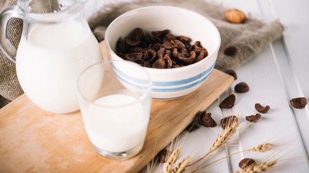 Primer plano de copos de chocolate secos con vaso de leche