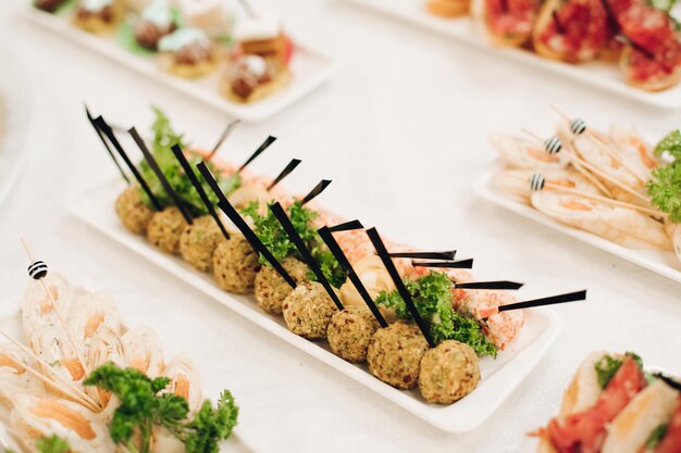 Primer plano de deliciosas albóndigas y rollos de pescado servidos en bolas rectangulares con palos para bocadillos Variedad de comida en una fiesta corporativa de cumpleaños o celebración de bodas