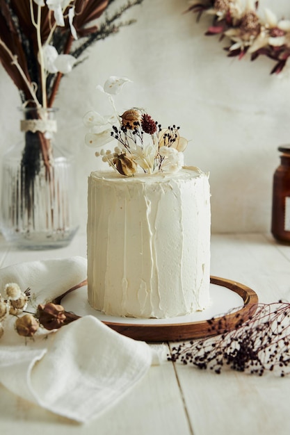 Foto gratuita un primer plano de un delicioso pastel de ombre boho con flores secas en una mesa blanca