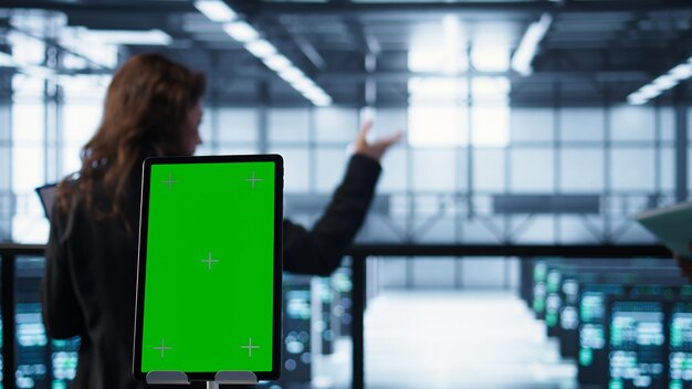 Primer plano de un dispositivo de pantalla aislado frente a los ingenieros de la granja de servidores